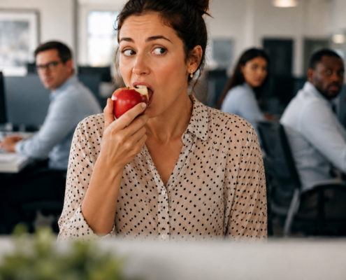 Woman biting an apple in a quiet open office as coworkers look over, illustrating workplace noise and sound masking.